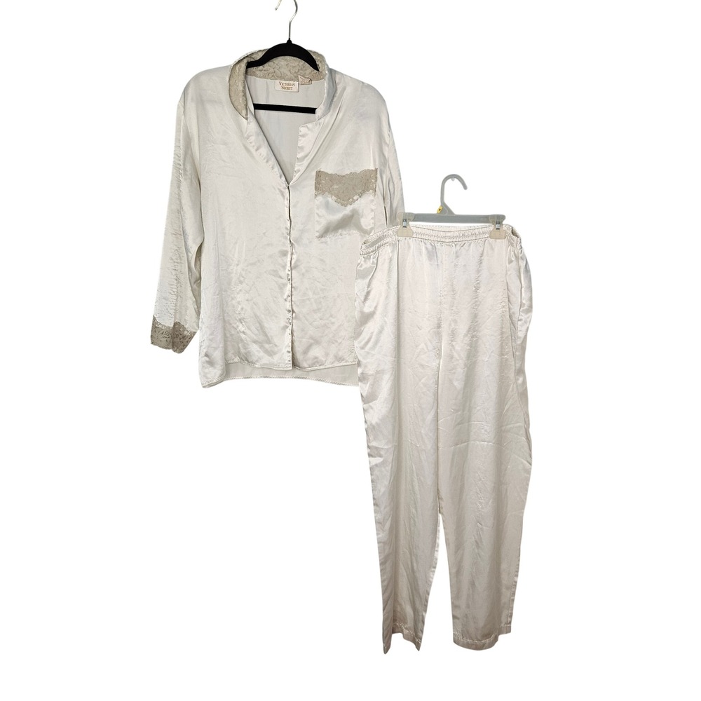 Victoria's Secret Gold Label Silver Gray Satin Lace Trim Pajama Set Womens Small